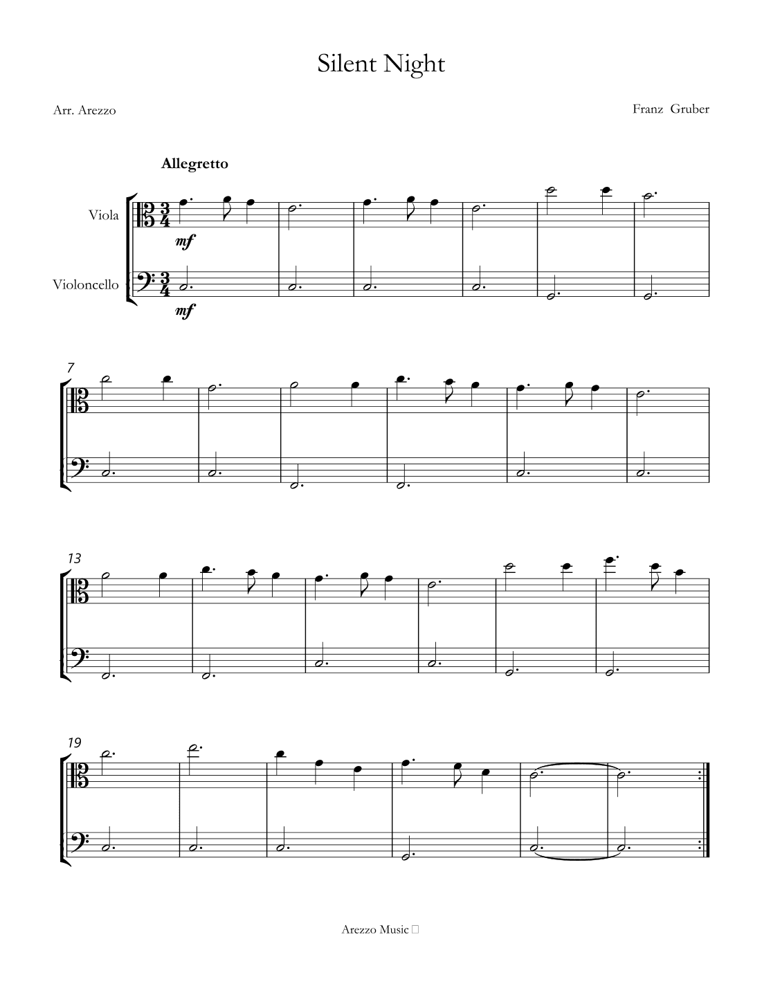 Silent Night for beginners sheet music for viola and cello (arr. Arezzo Music)