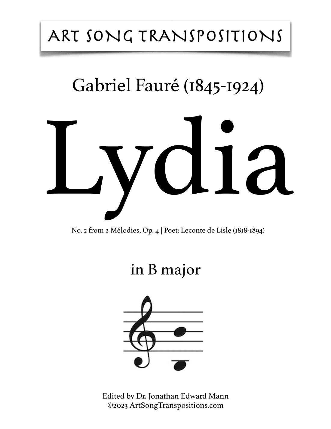 FAURÉ: Lydia, Op. 4 no. 2 (transposed to B major) (arr. ArtSongTranspositions.com)