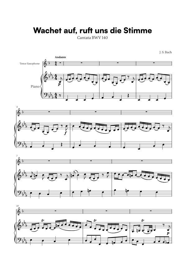 Wachet auf, ruft uns die Stimme (for Tenor Saxophone and Piano) (arr. Cadenza Editions)