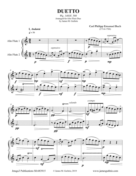 CPE Bach: Duetto Wq. 140 for Alto Flute Duo (arr. James M. Guthrie, ASCAP)