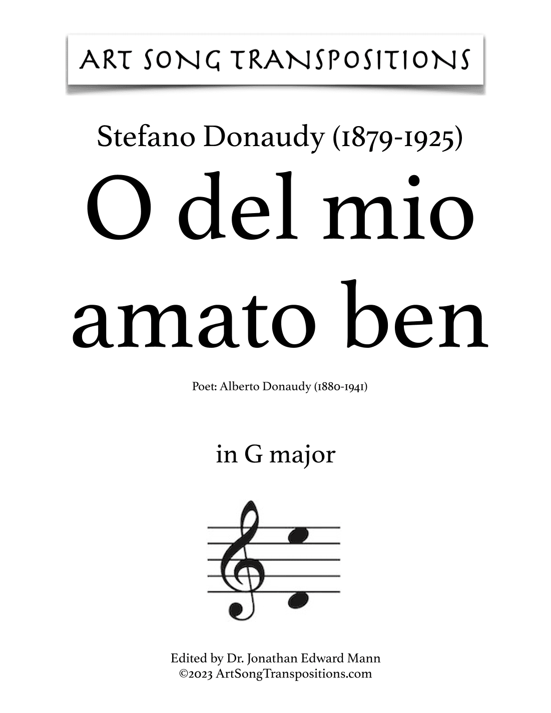 DONAUDY: O del mio amato ben (transposed to G major) (arr. ArtSongTranspositions.com)
