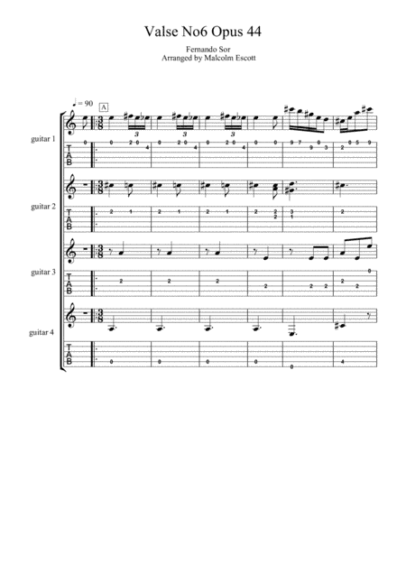 F. Sor Opus 44 No. 6 Valse for guitar quartet (arr. Malcolm Escott)