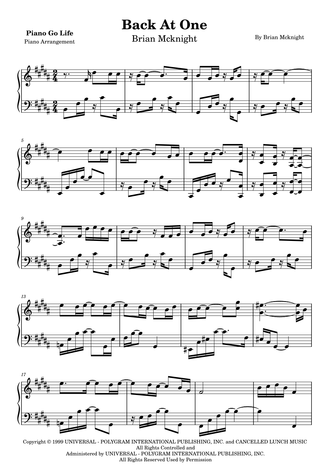 Back At One (arr. Piano Go Life)