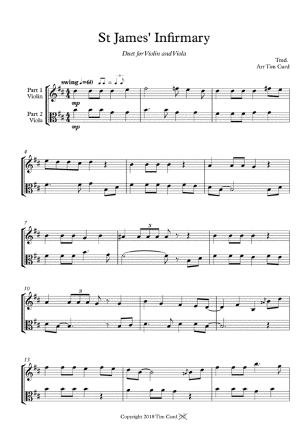 St James' Infirmary. Duet for Violin and Viola (arr. Tim Curd)