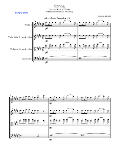 SPRING (La Primavera), 3rd. Mov., Danza Pastorale, String Trio, Intermediate Level for 2 violins and (arr. Sherry Lewis Publishing)