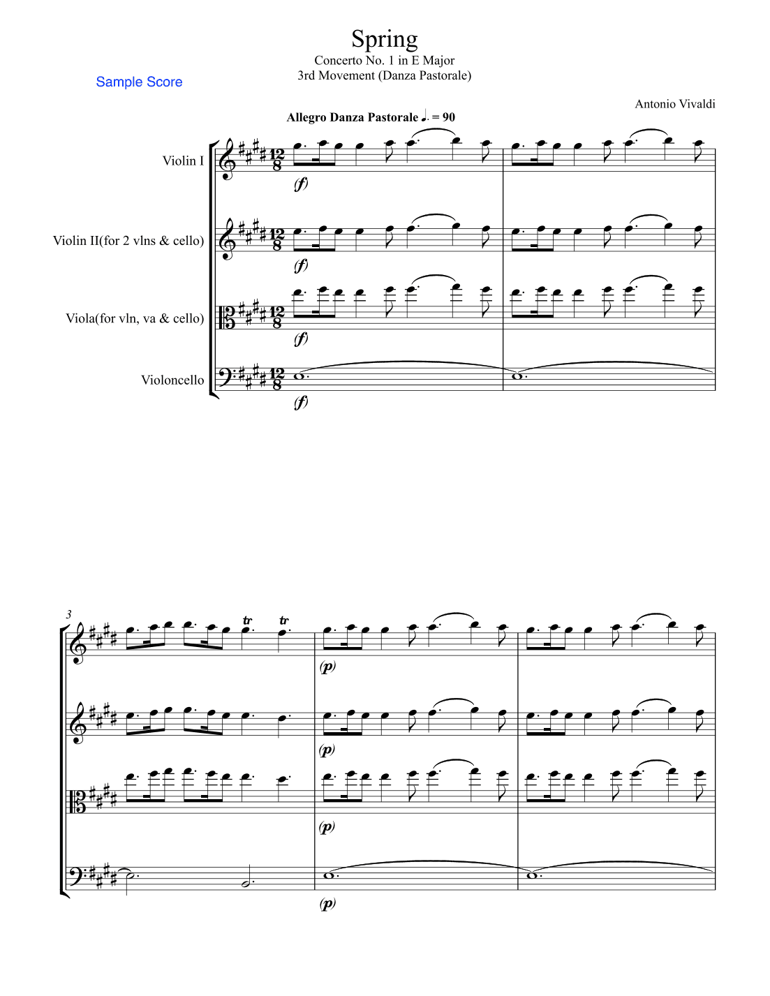 SPRING (La Primavera), 3rd. Mov., Danza Pastorale, String Trio, Intermediate Level for 2 violins and (arr. Sherry Lewis Publishing)