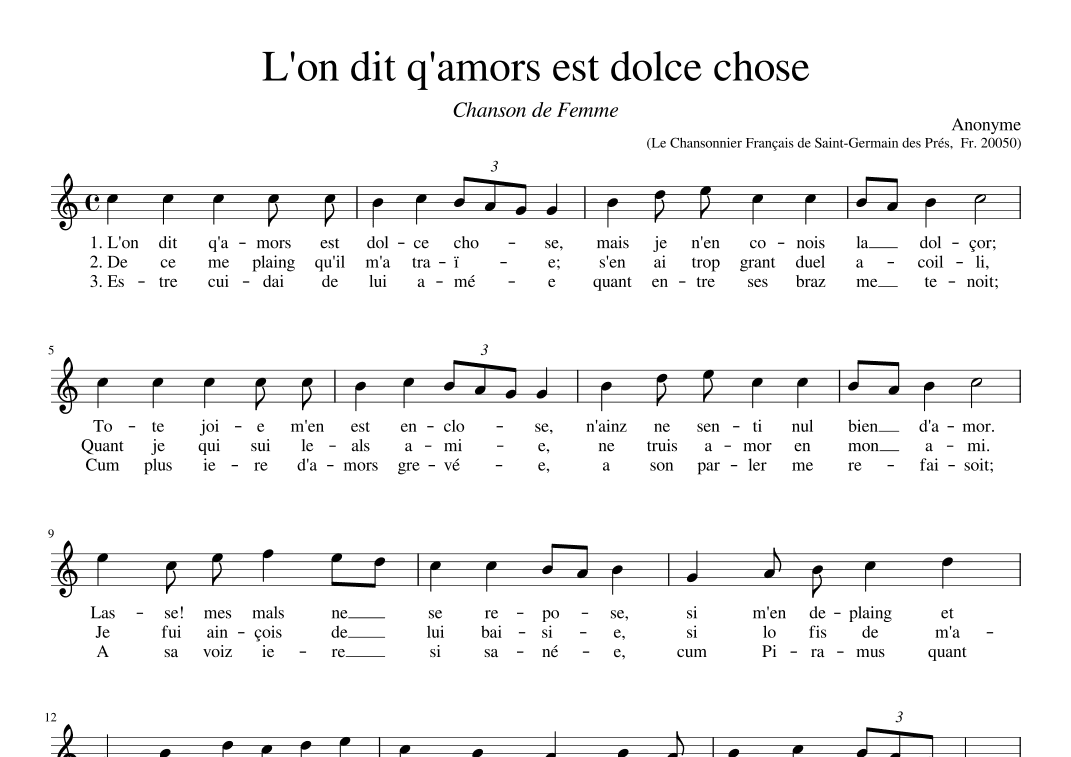 L'on dit q'amors est dolce chose (arr. Early Music Scores)