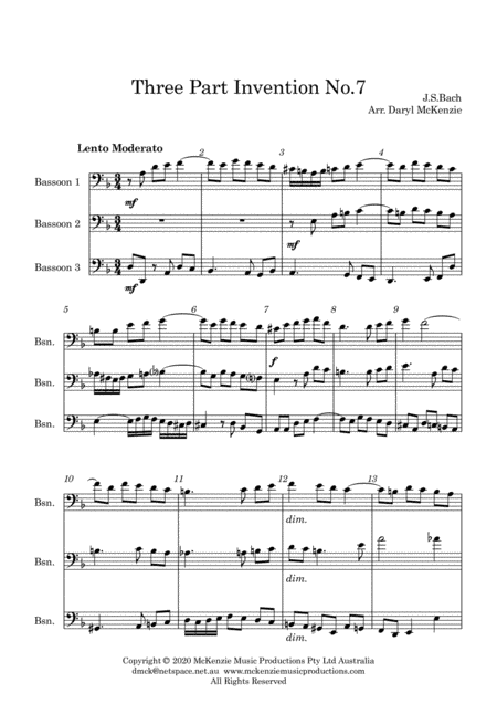 Bach Three Part Invention No.7 for Bassoon Trio (arr. Daryl McKenzie)