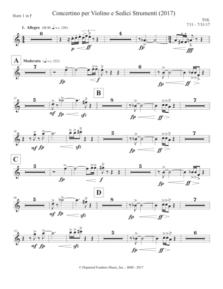 Concertino per Violino e Sedici Strumenti (2017) horn in F part 1
