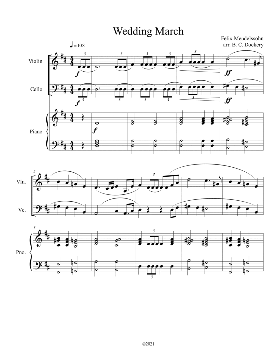 Wedding March (Violin and Cello Duet) with optional piano accompaniment (arr. B. C. Dockery)