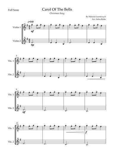 Carol Of The Bells (Christmas Song) for Violin Duo (arr. Fabio Britto)