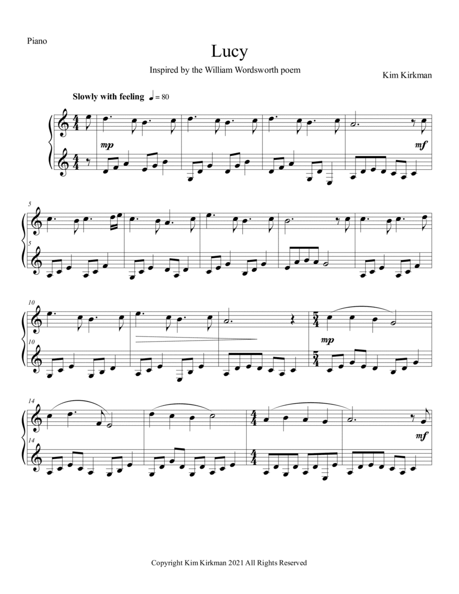 Lucy for solo piano - inspired by the Wordsworth poem - no black notes required