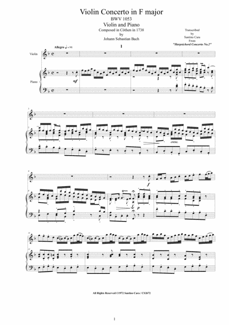 Bach - Violin Concerto in F major BWV1053 for Violin and Piano (arr. Santino Cara)