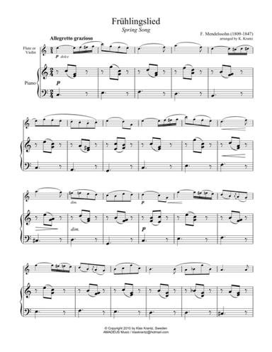 Fruhlingslied, Lieder ohne Worte Op. 62, Spring Song for  violin/flute and easy piano (arr. Amadeus Music)