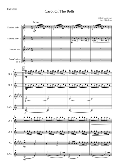 Carol Of The Bells (Mykola Leontovych) for Clarinet Quartet (arr. Fabio Britto)