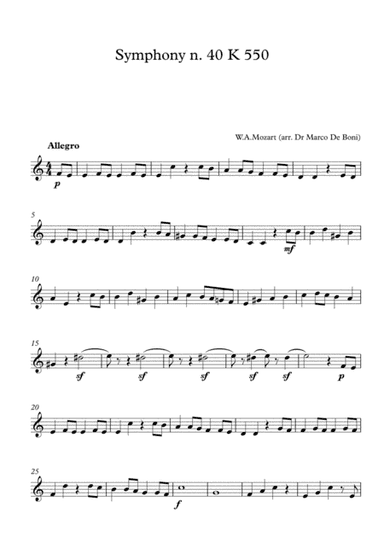 Mozart, Symphony n. 40 K.550 (Easy Violin version for beginners) (arr. Marco De Boni)