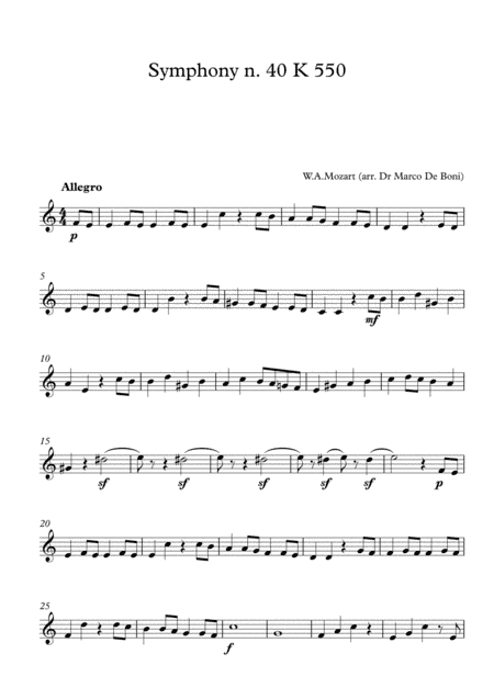 Mozart, Symphony n. 40 K.550 (Easy Violin version for beginners) (arr. Marco De Boni)