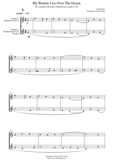 My Bonnie Lies Over The Ocean (for trumpet (Bb) duet, suitable for grades 2-6) (arr. Edwin Sung)