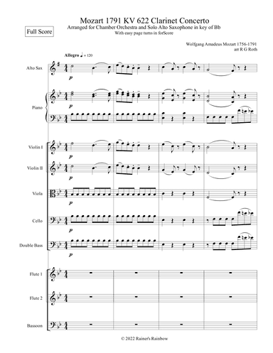 Mozart 1791 KV 622 Alto Sax Concerto with Chamber Orchestra Score and Parts (arr. R G Roth)
