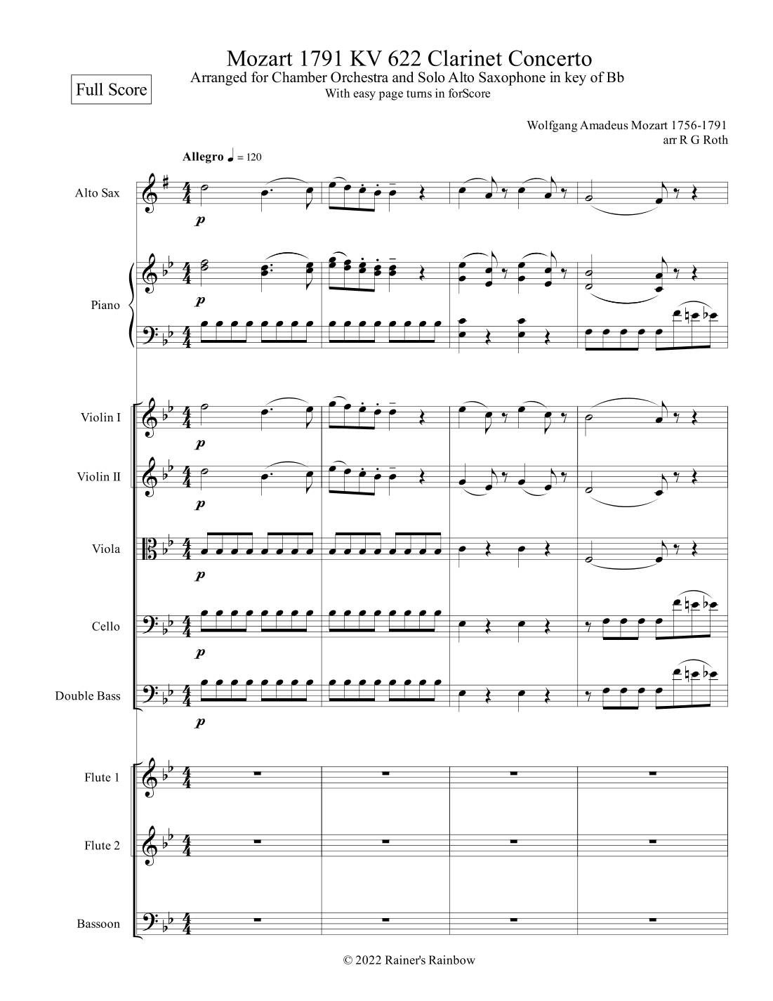 Mozart 1791 KV 622 Alto Sax Concerto with Chamber Orchestra Score and Parts (arr. R G Roth)