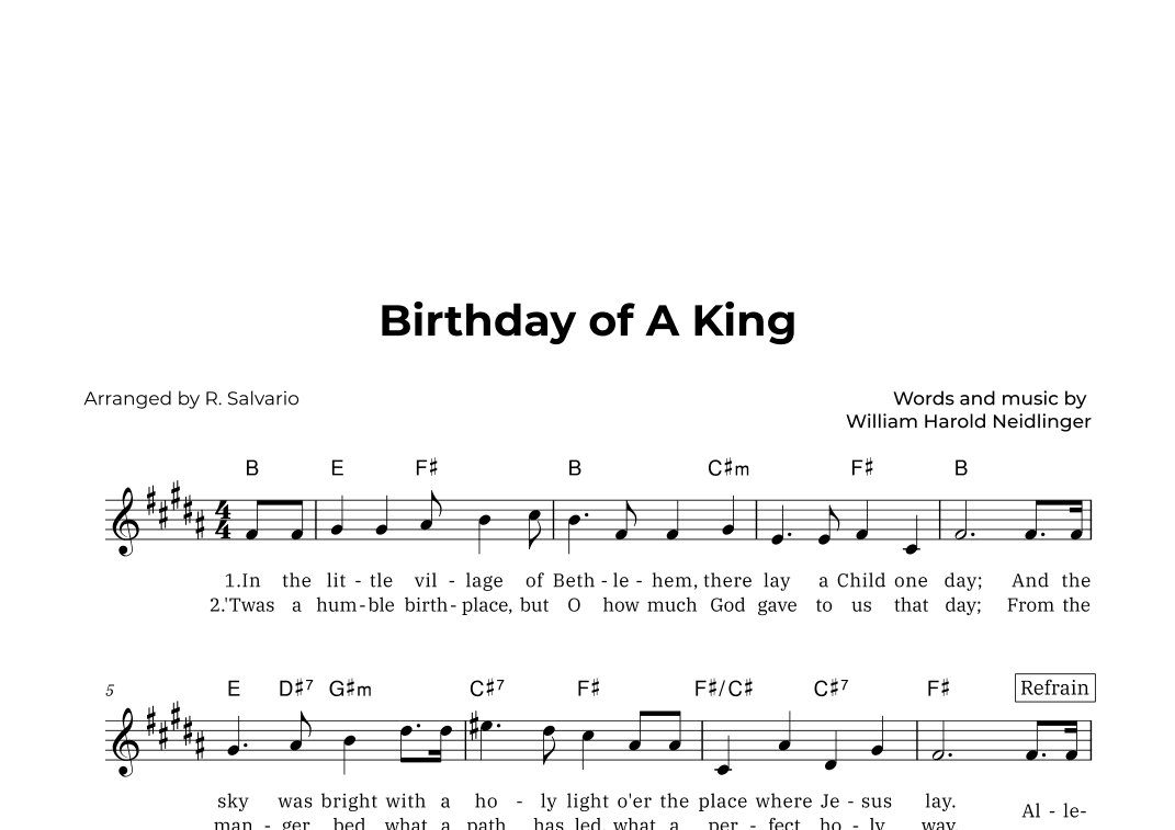 Birthday of A King (Key of B Major) (arr. R. Salvario)