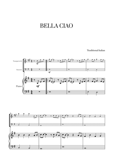 Bella Ciao for Trumpet in Bb, Bassoon and Piano (arr. Cadenza Editions)