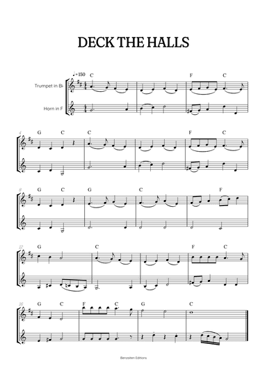 Deck the Hall for trumpet and french horn duet • intermediate Christmas song sheet music with chords (arr. Benzaiten Editions)
