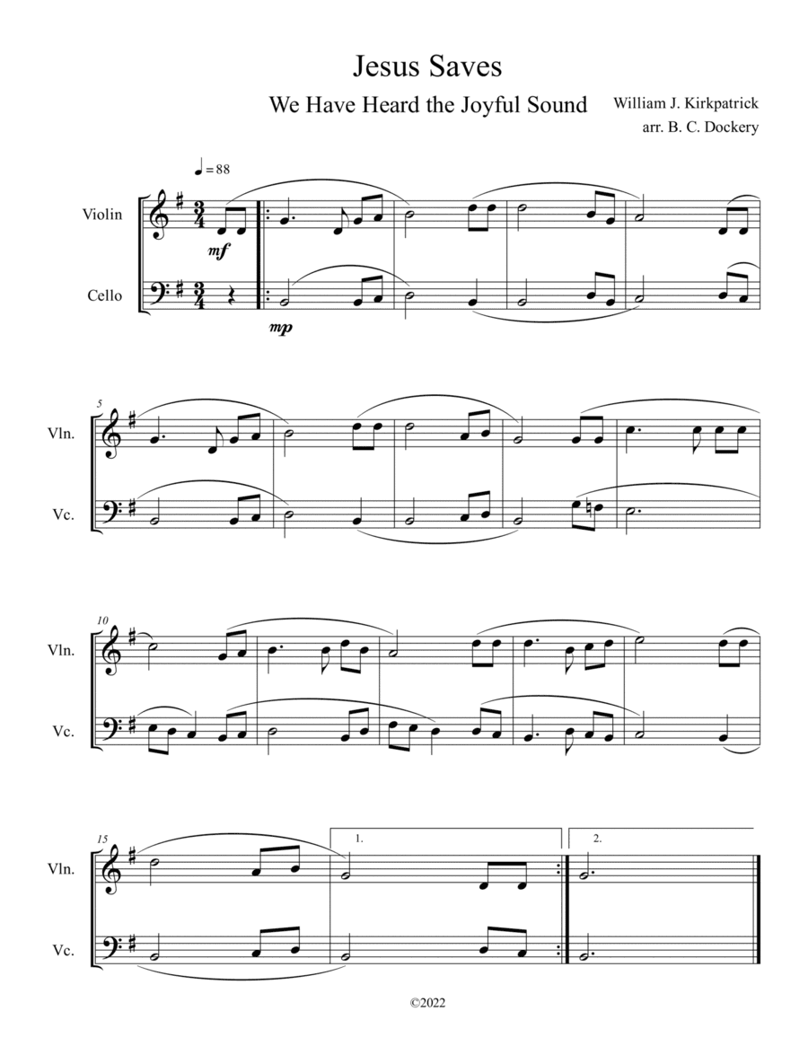 Jesus Saves (We Have Heard the Joyful Sound) Violin and Cello Duet (arr. B. C. Dockery)