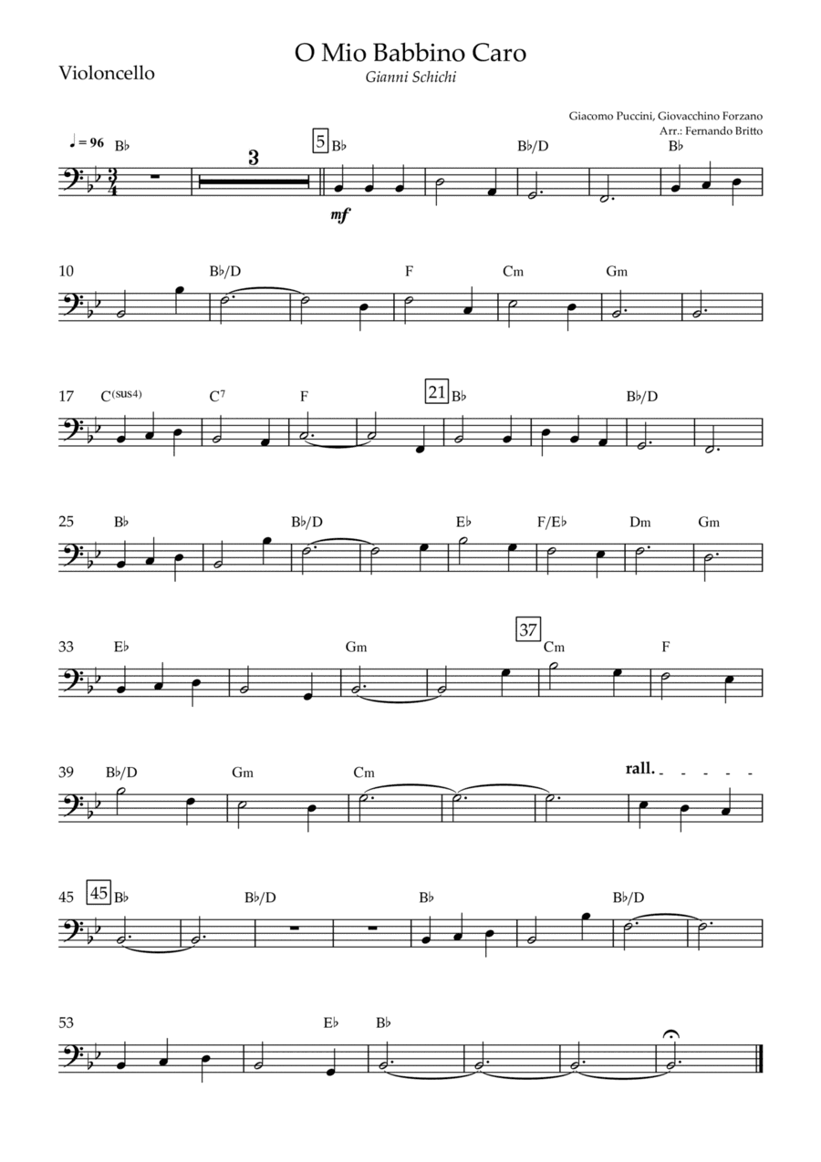 O Mio Babbino Caro (Puccini) for Cello Solo with Chords (arr. Fernando Britto)