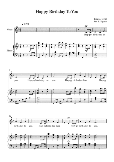 Happy Birthday To You, Patty & Mildred J. Hill, For Voice & Piano (arr. Eugene Egorov)