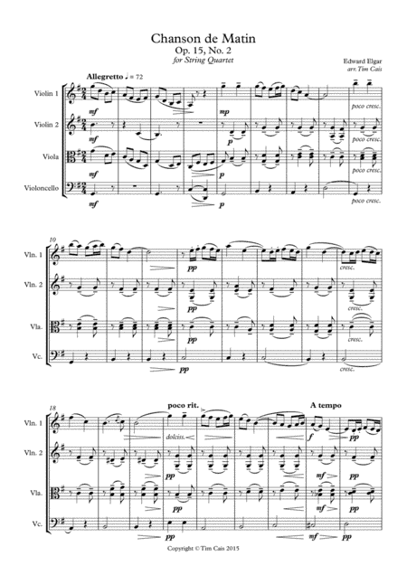 Elgar: Chanson de Matin - String Quartet (arr. Tim Cais)