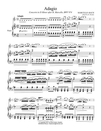 Adagio BWV 974, Concert in D Min after Marcello for piano solo (+suggested ornamentation) (arr. K. Krantz)