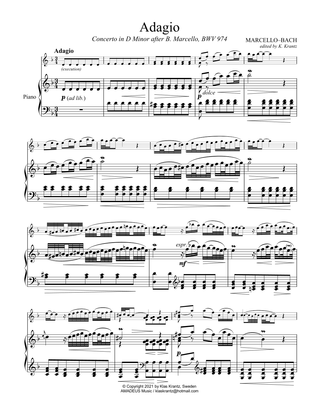 Adagio BWV 974, Concert in D Min after Marcello for piano solo (+suggested ornamentation) (arr. K. Krantz)