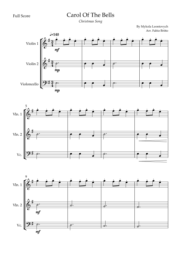Carol Of The Bells (Christmas Song) for String Trio (arr. Fabio Britto)