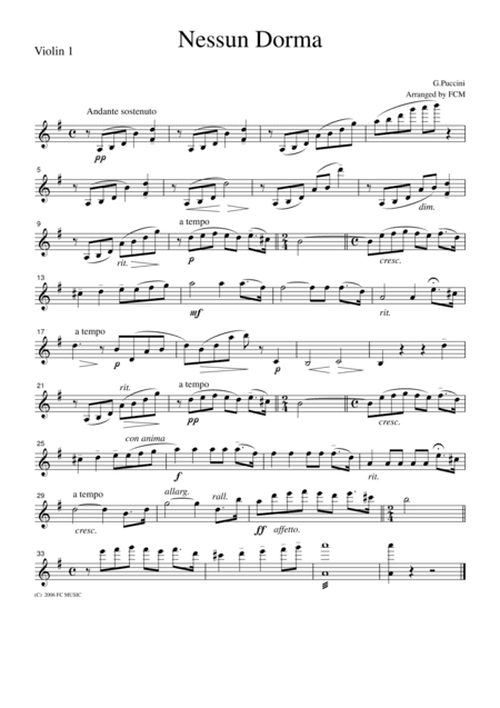 Puccini  Nessun Dorma, for string quartet, CP201 (arr. FCMUSIC)