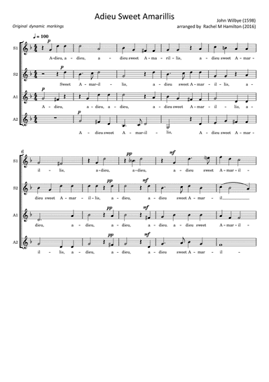 Adieu Sweet Amarillis (arr. Rachel M Hamilton (UK))