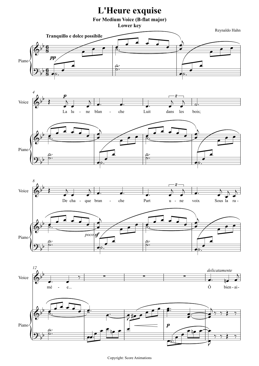 "L'heure exquise" for Medium Voice (B-flat major) (arr. Score Animations)