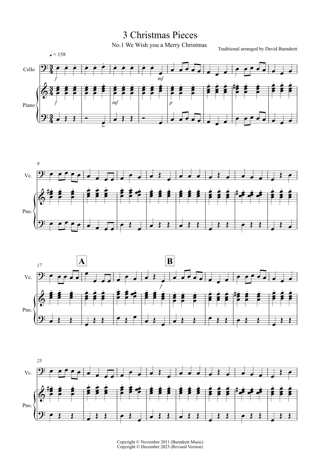 3 Easy Christmas Pieces for Cello and Piano (arr. David Burndrett)