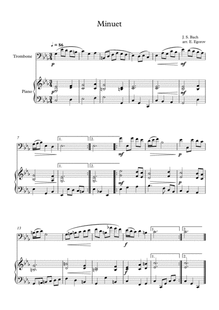 Minuet (In D Minor), Johann Sebastian Bach, For Trombone & Piano (arr. Eugene Egorov)