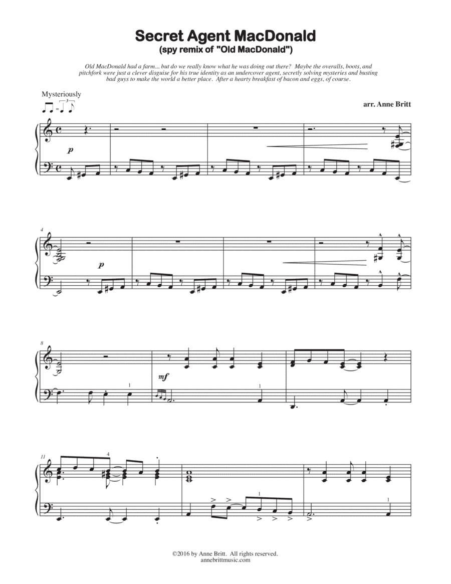 Secret Agent MacDonald (spy remix of "Old MacDonald") - early intermediate version (arr. Anne Britt)