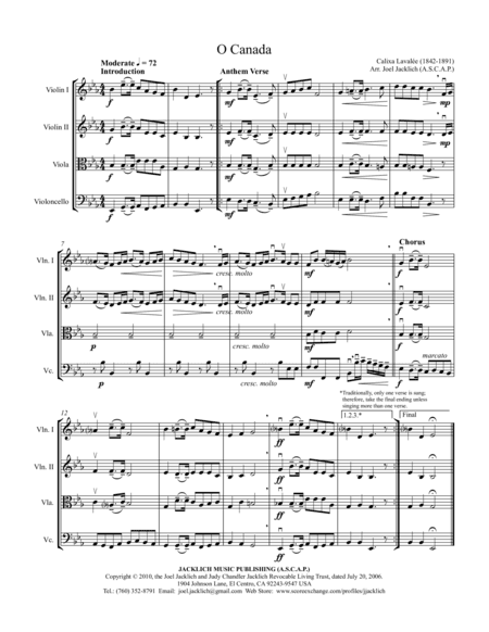 O Canada (String Quartet) (arr. Joel Jacklich (ASCAP))