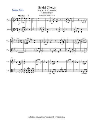 BRIDAL CHORUS for Violin and Viola, Intermediate Level (arr. Sherry Lewis)