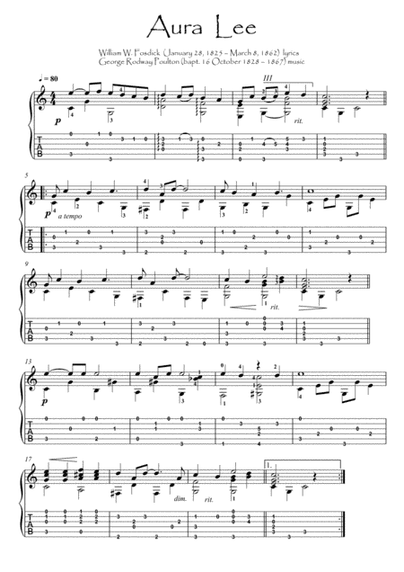 Aura Lee guitar solo (arr. PianoSheetNow)