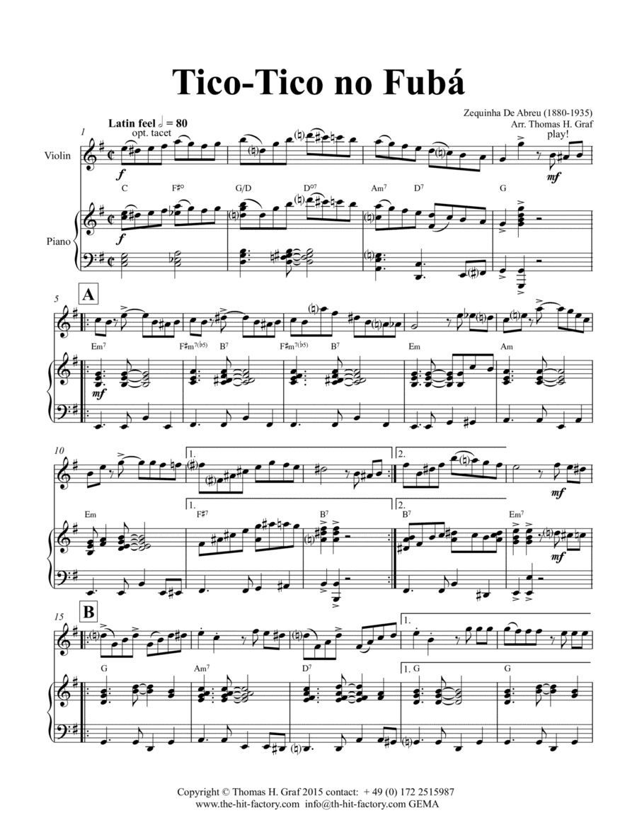 Tico-Tico no Fubá - Choro - Key: E-minor - Piano and Violin (arr. Thomas Graf)