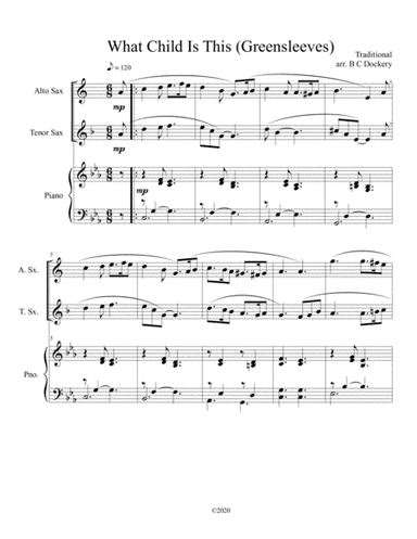 What Child Is This (Greensleeves) for alto and tenor sax duet with optional piano accompaniment (arr. B C Dockery)