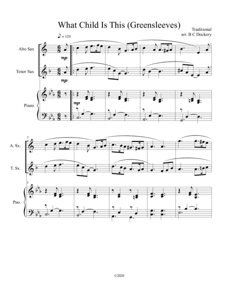 What Child Is This (Greensleeves) for alto and tenor sax duet with optional piano accompaniment (arr. B C Dockery)