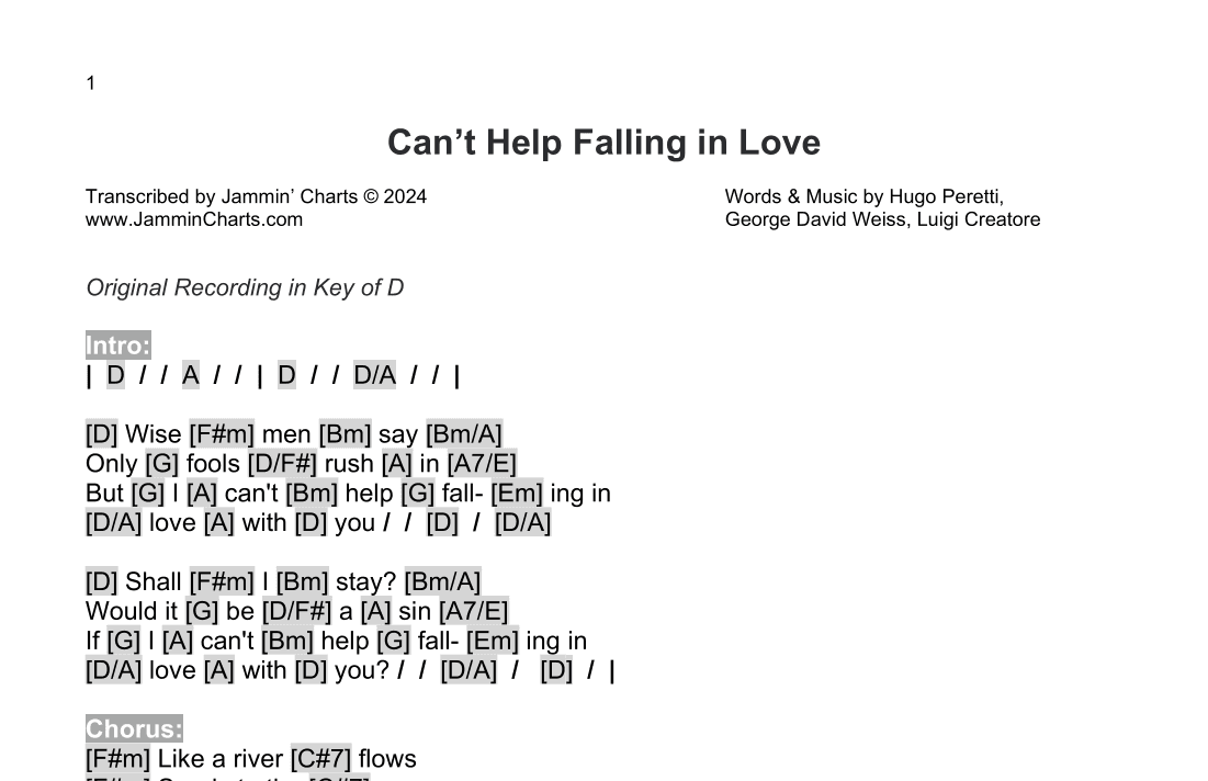 Can't Help Falling In Love (arr. Jammin' Charts)