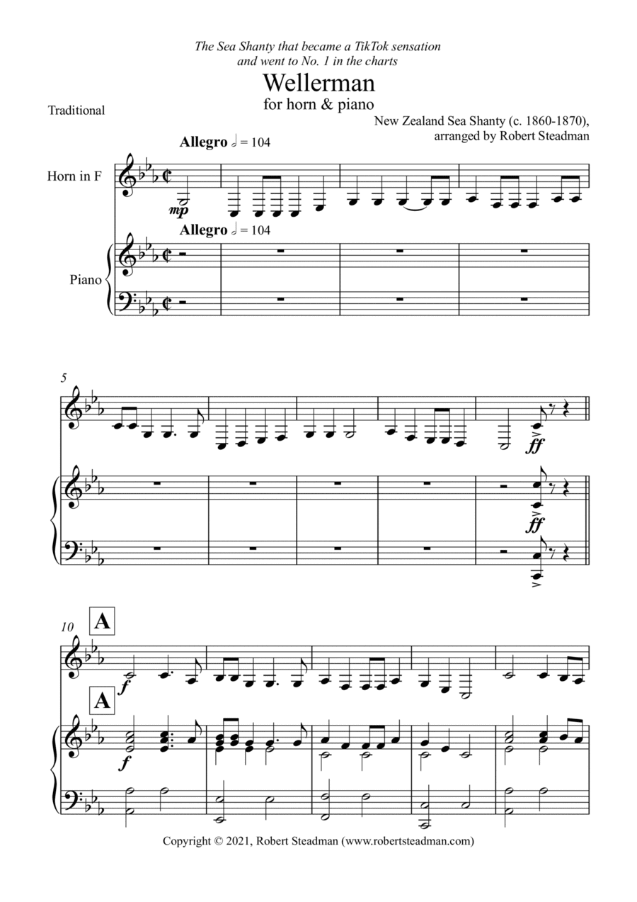 Wellerman (Horn & Piano) - parts for F Horn and Eb Horn included (arr. Robert Steadman)