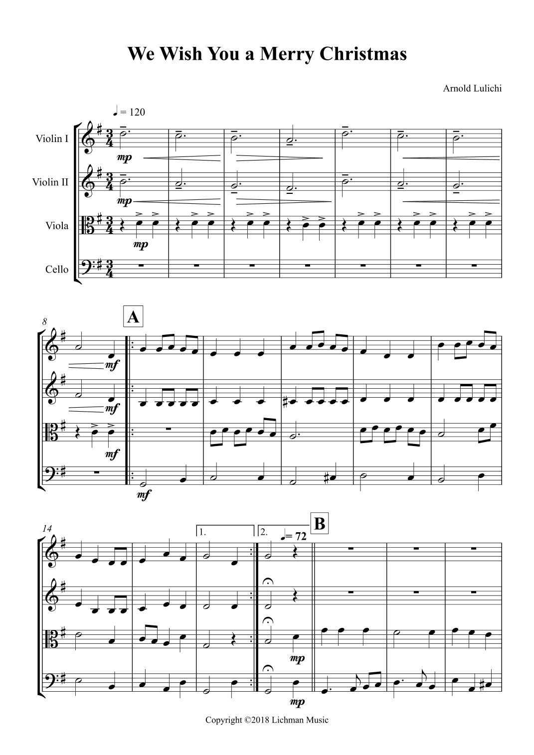 We Wish you a Merry Christmas-String Quartet (arr. Arnold Lulichi)