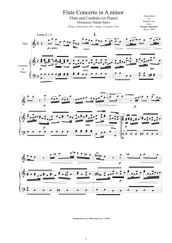 Sarro D - Flute Concerto in A minor for Flute and Cembalo (or Piano) - Score and Part (arr. Santino Cara)